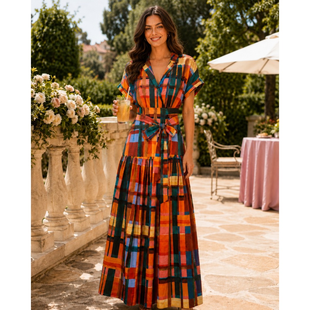 Hutch Overland Madras Plaid Maxi Dress S NWT Colorful Resort Wrap Belted